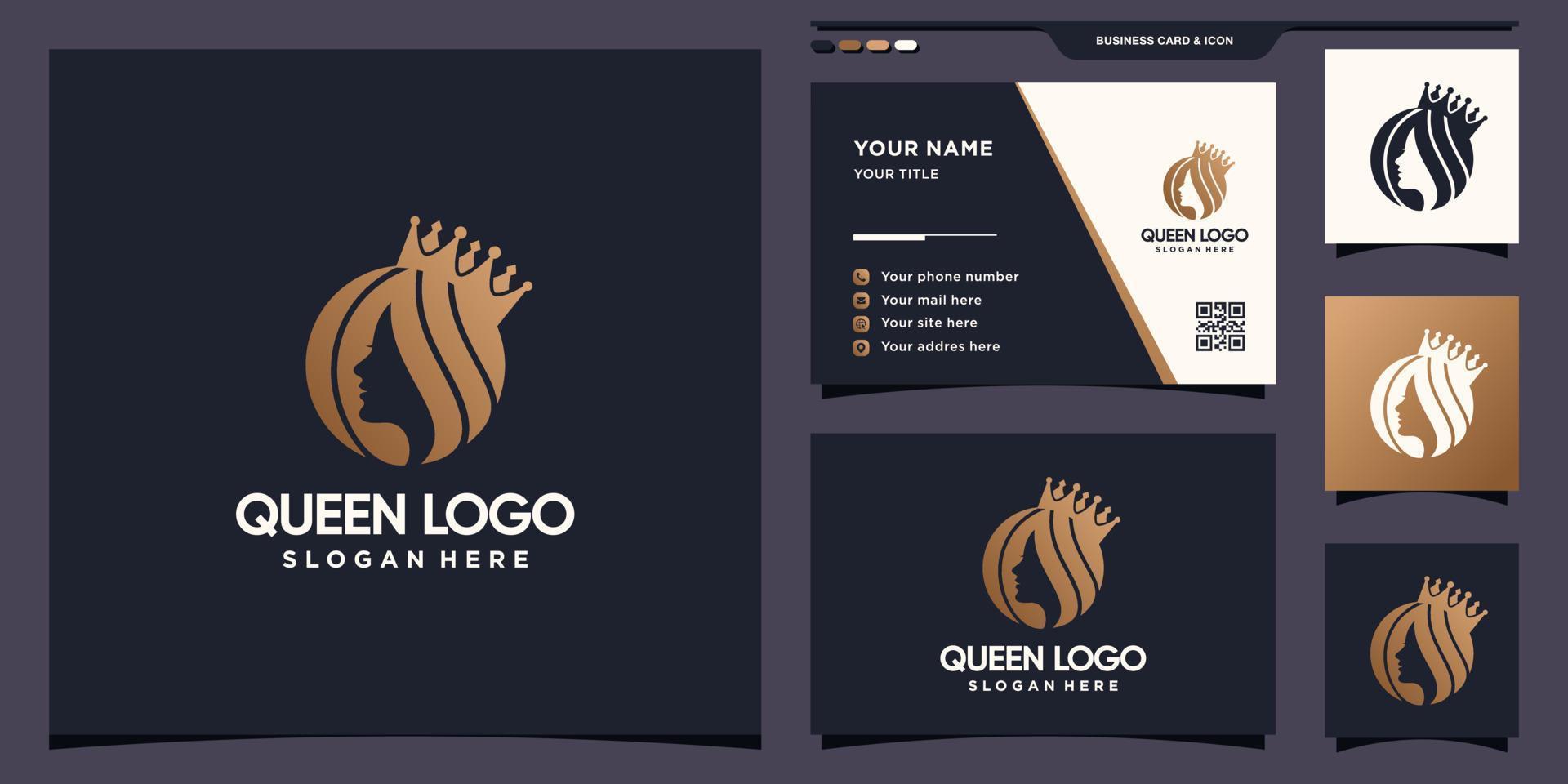 plantilla de logotipo de reina creativa con concepto de espacio negativo y vector premium de diseño de tarjeta de visita