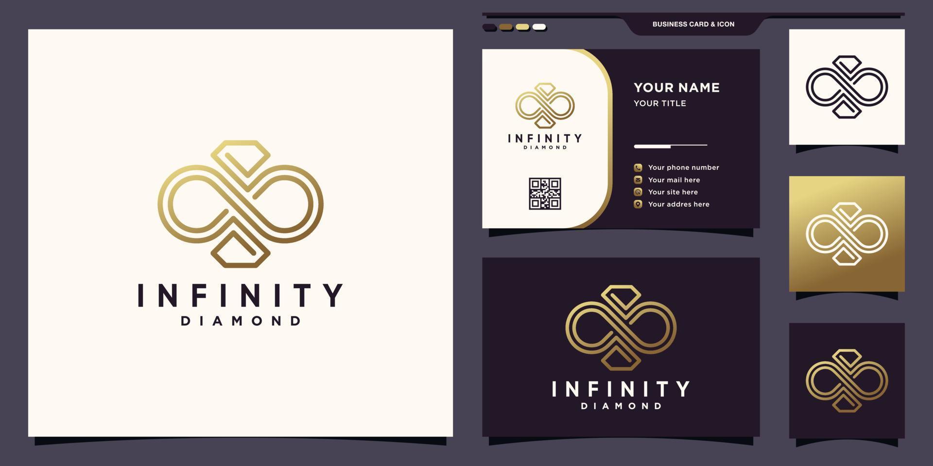 símbolo de infinito y logotipo de diamante con estilo lineal único y diseño de tarjeta de visita vector premium