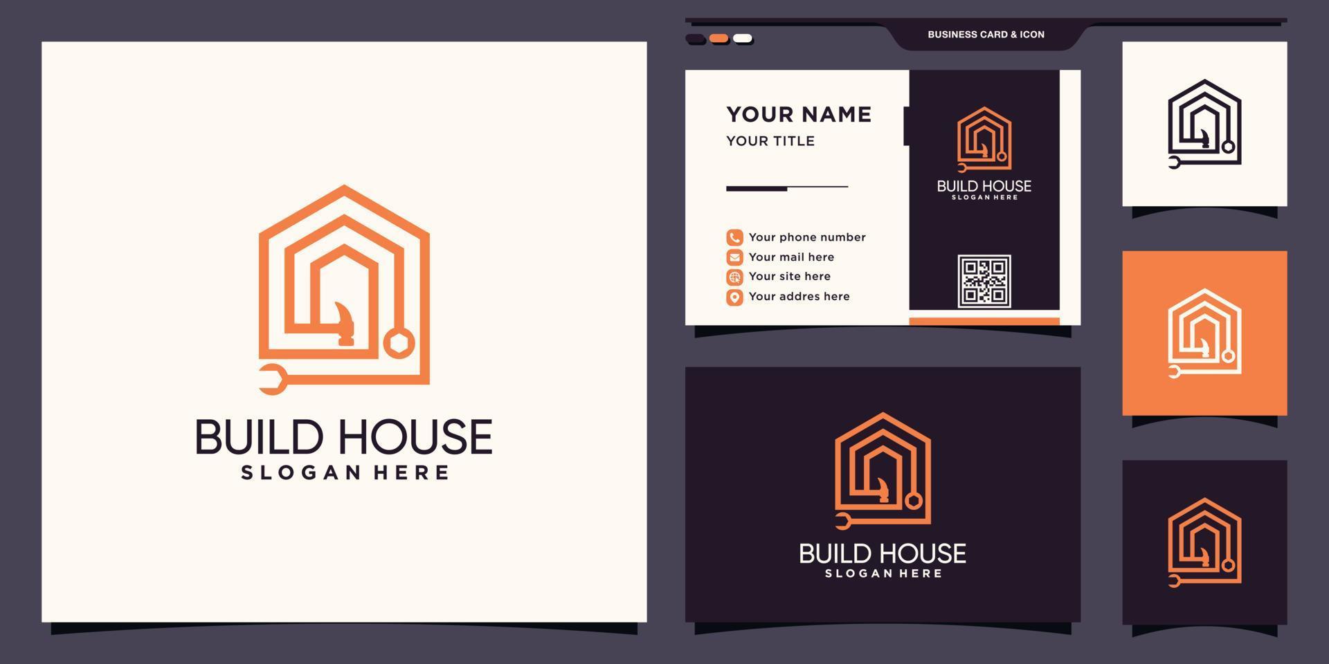 House building logo with hammer and wrench in linear style and business card design Premium Vector