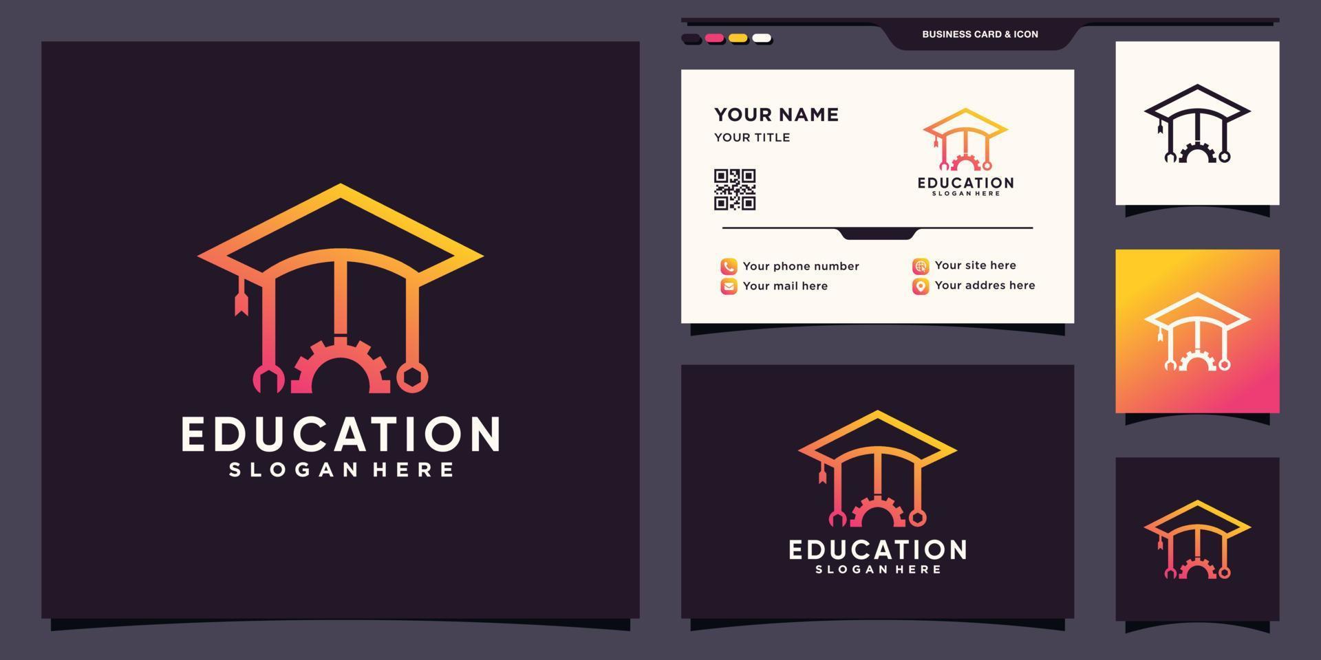 logotipo de educación con icono mecánico en estilo lineal y diseño de tarjeta de visita vector premium