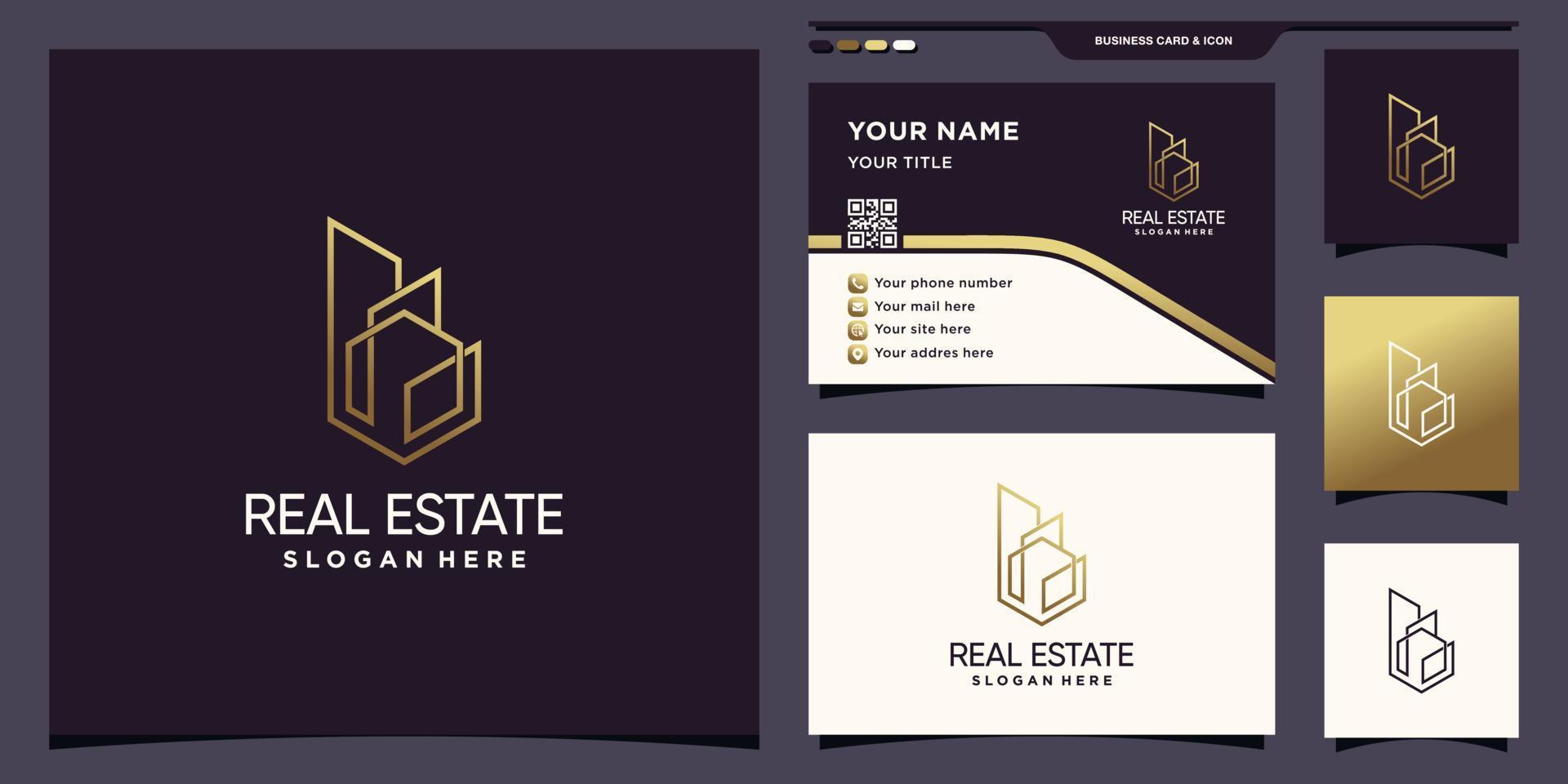 Real estate logo with  golden line art style and business card design Premium Vector