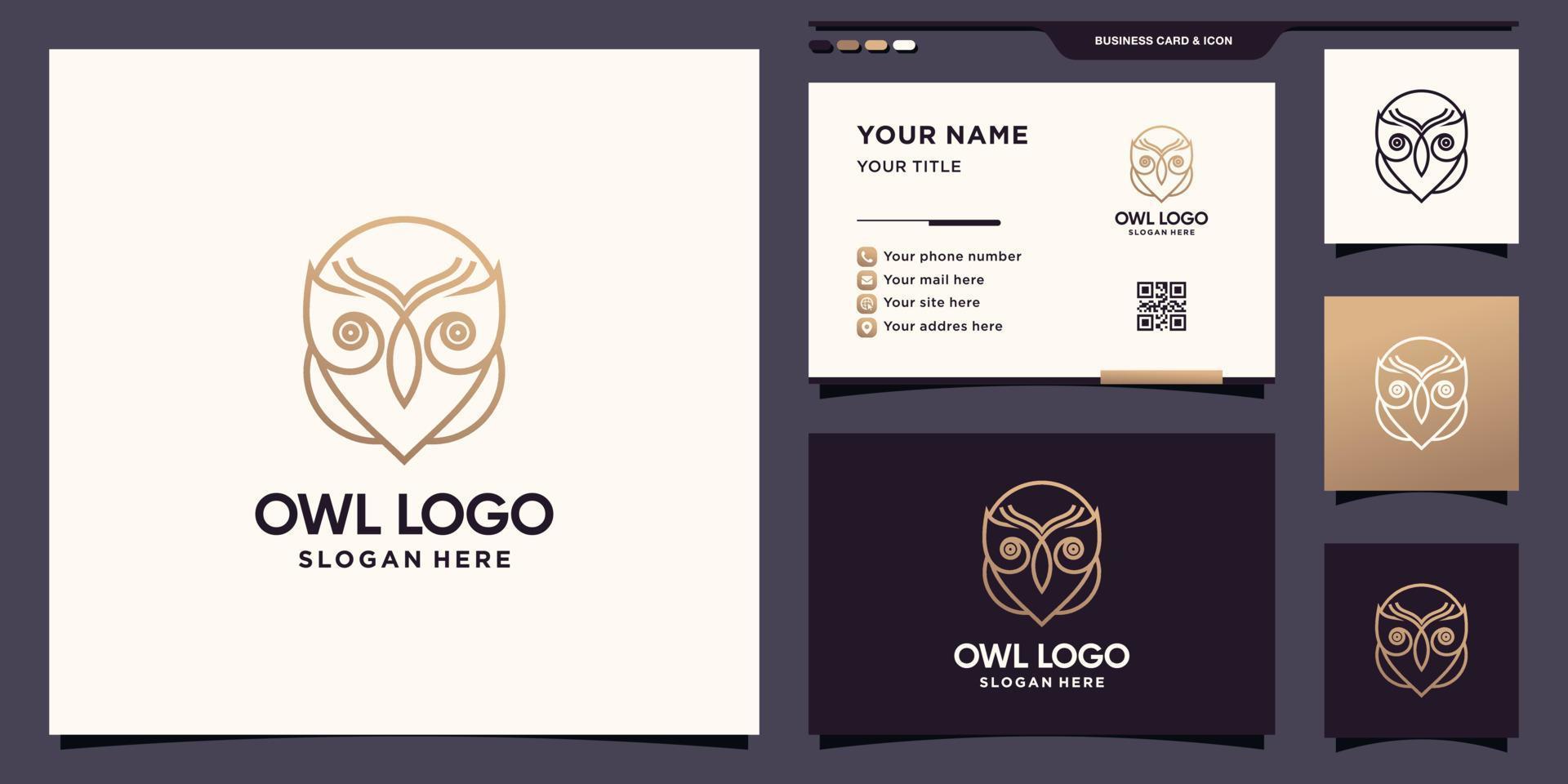 Creative owl logo with linear style and business card vector