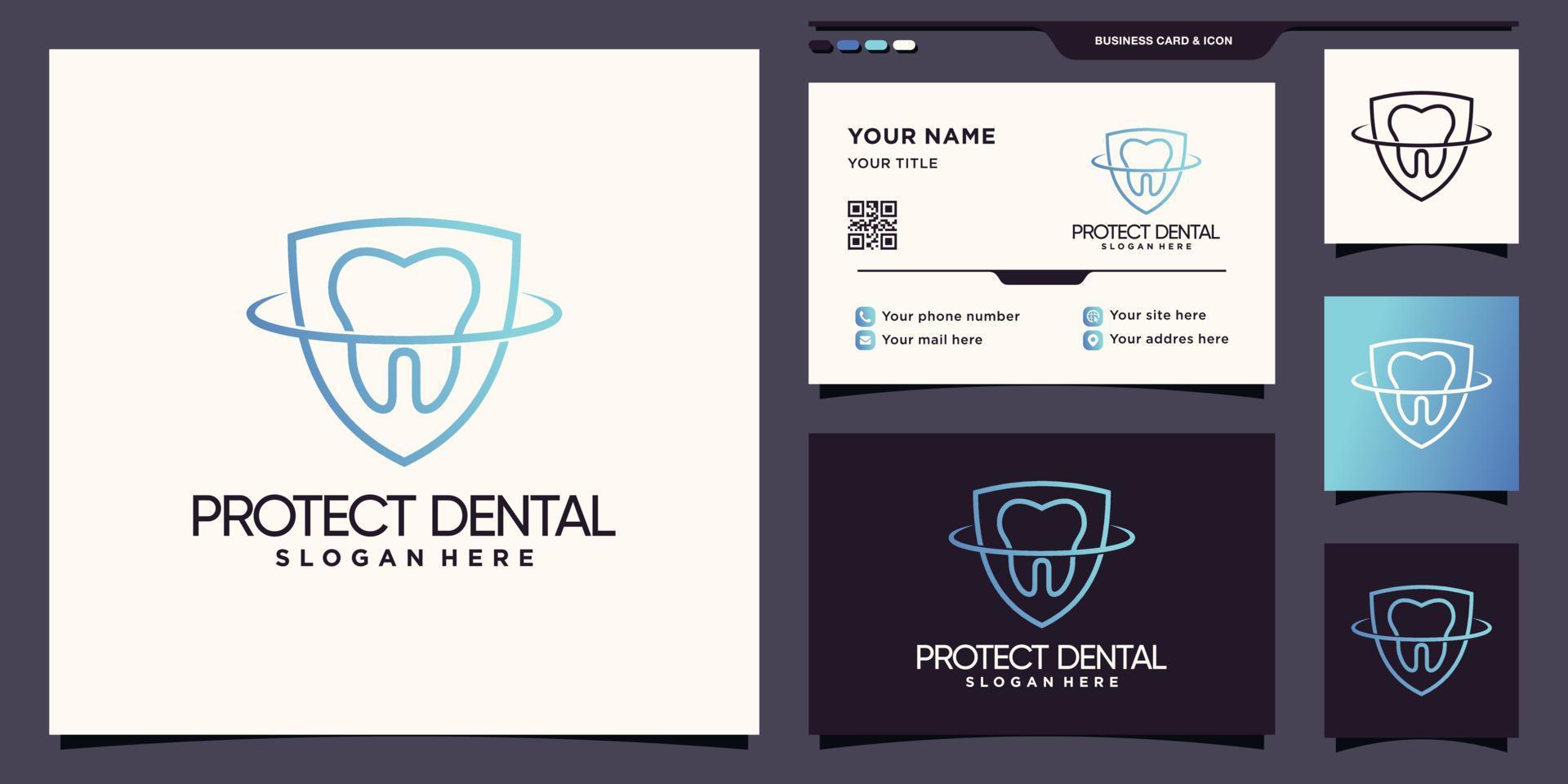 logotipo dental y de escudo con estilo de arte de línea y diseño de tarjeta de visita vector premium