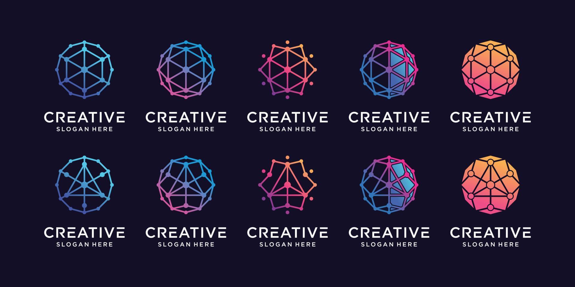 Set bundle connection logo design technology with hexagon, triangle and linear dot style Premium Vector