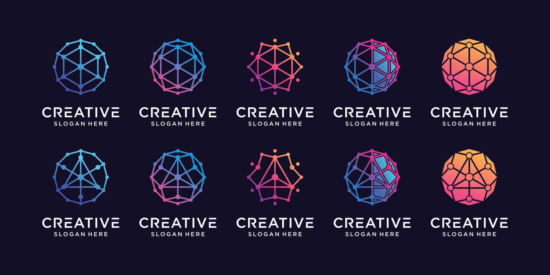 establecer tecnología de diseño de logotipo de conexión de paquete con hexágono, triángulo y vector premium de estilo de punto lineal