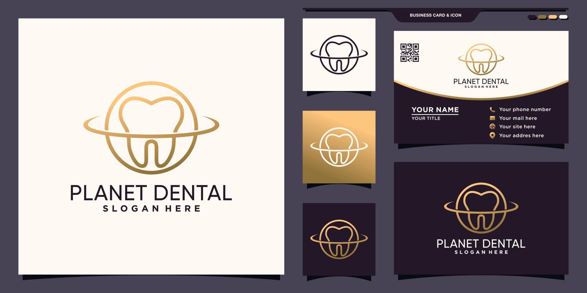 Creative dental and planet logo with line art style and business card design Premium Vector