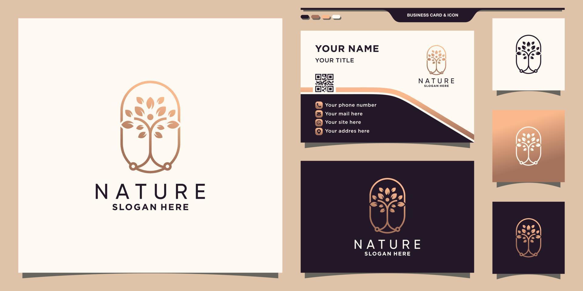 Nature tree logo with line art style and business card design Premium Vector