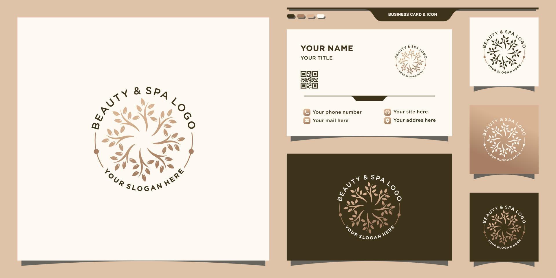 logotipo de belleza y spa con concepto de hoja natural y vector premium de diseño de tarjeta de visita