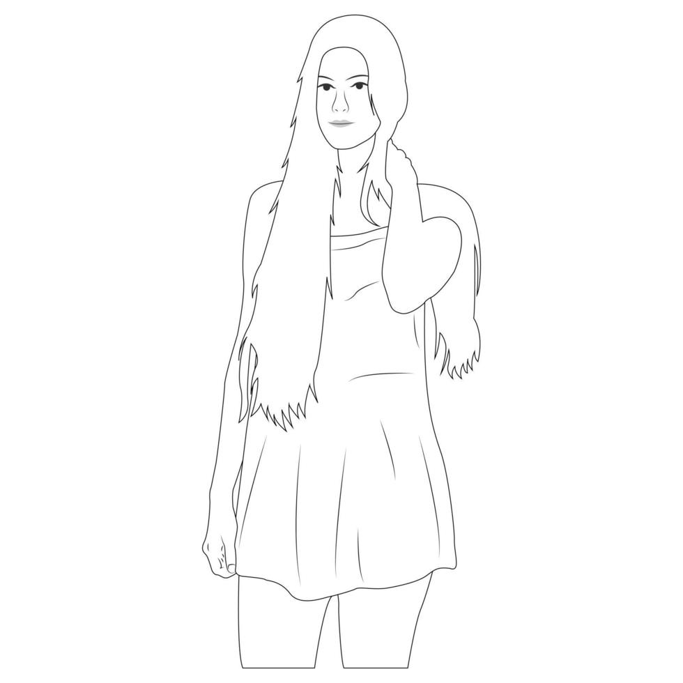 personaje de dibujos animados para colorear libro. mujer joven con un vestido vector