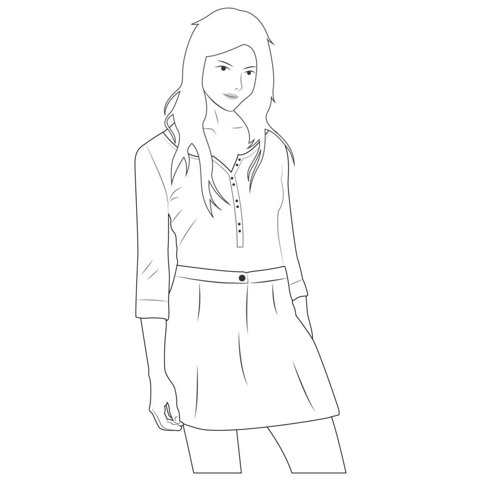 personaje de dibujos animados para colorear libro. bella mujer de pie y posando con ropa informal vector