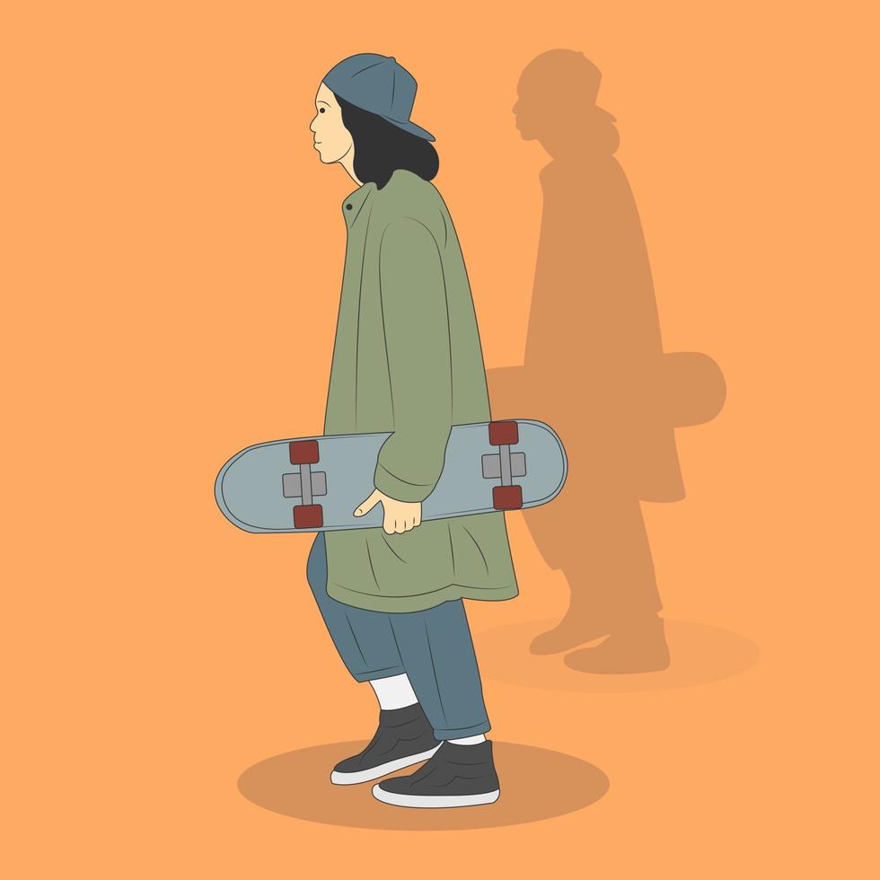 ilustración vectorial de un hombre caminando con una patineta vector