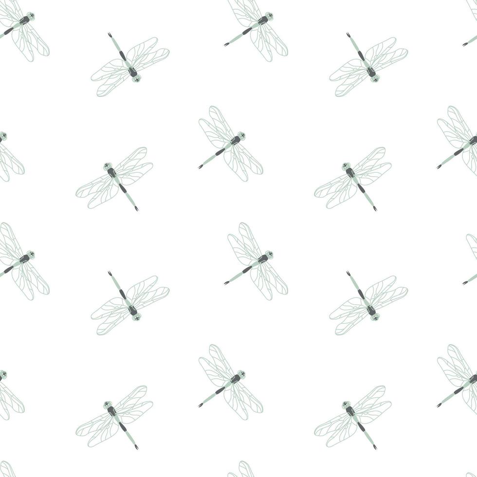 Seamless pattern of green dragonflies in contour style vector