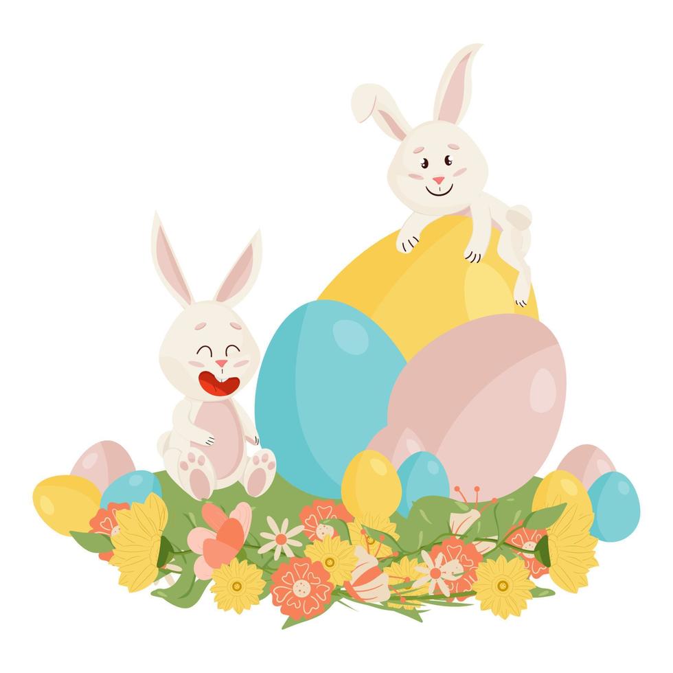 personaje de conejitos. sentado en la hierba y riendo divertidos, felices conejos de dibujos animados de Pascua con huevos vector