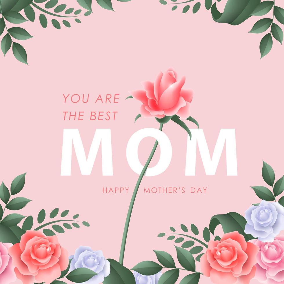 Happy Mothers day with beautiful flowers on soft pink background. Vintage greeting or invitation card vector illustration design for mom day, valentine and wedding