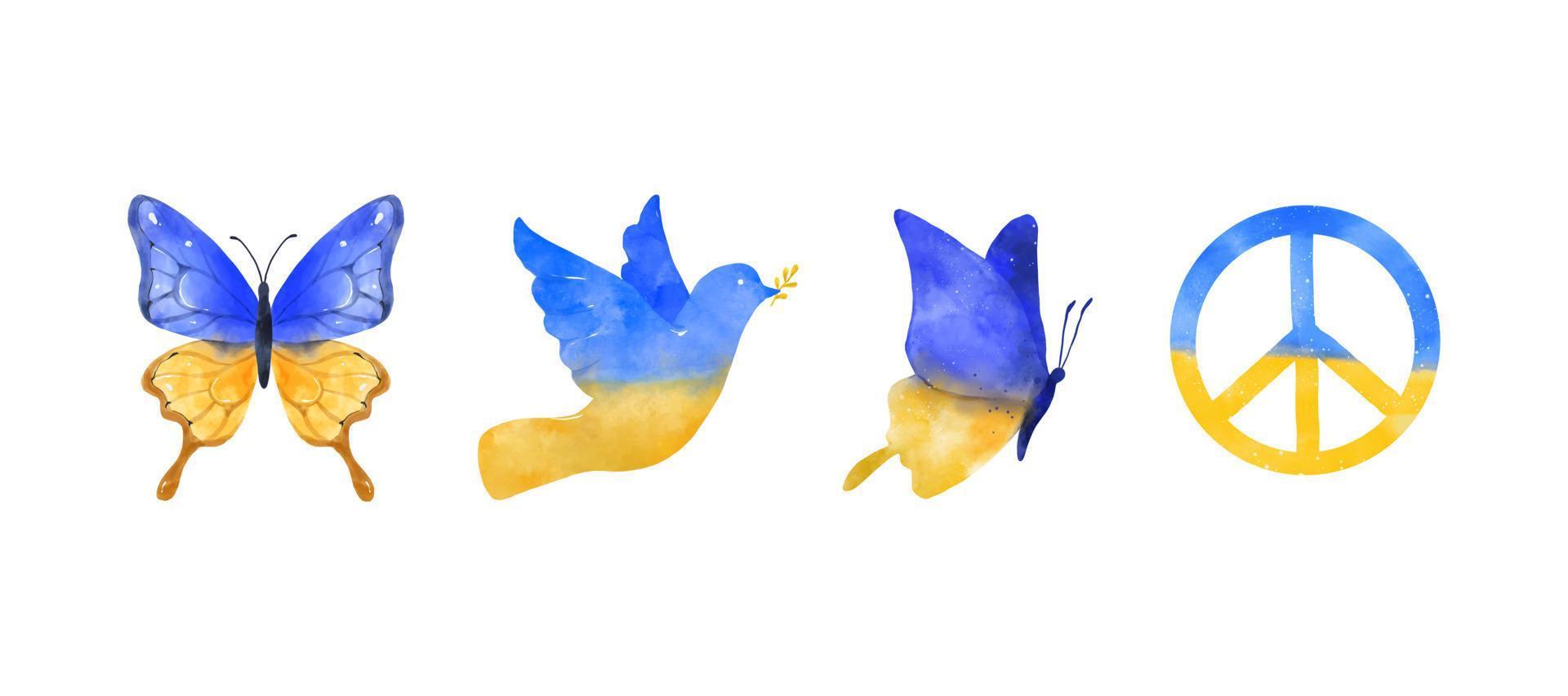 Watercolor of Ukraine blue and yellow butterfly, Dove bird, and Peace symbol. Ukraine flag texture isolated on white background. Vector illustration