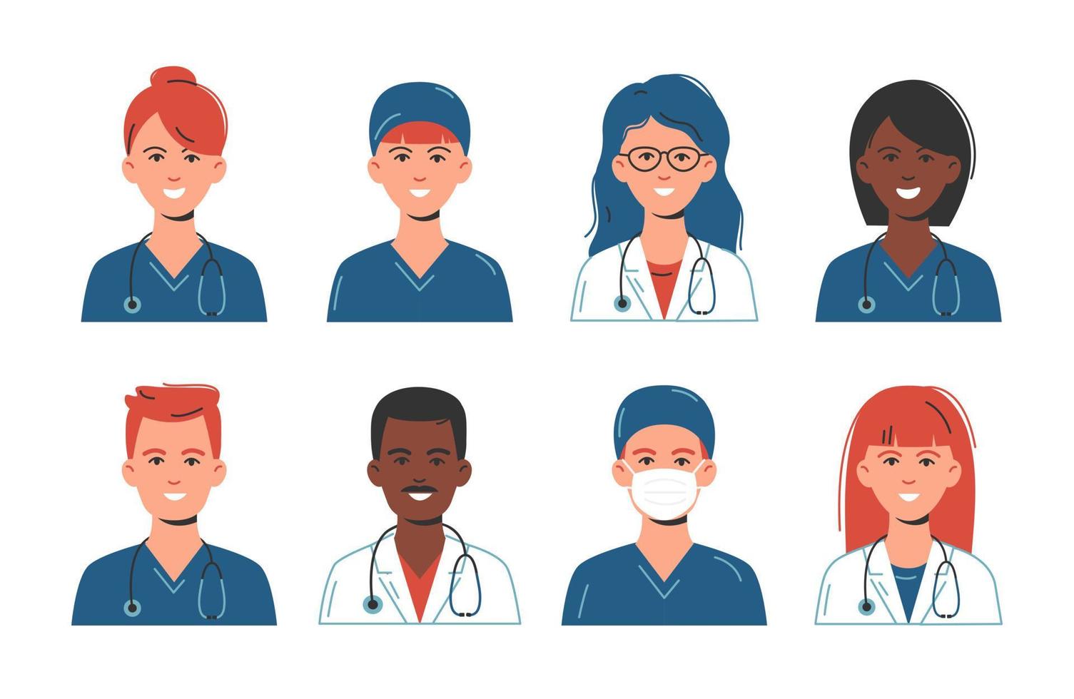 Doctors and nurses avatars in medical masks. Set of medicine employee faces. vector