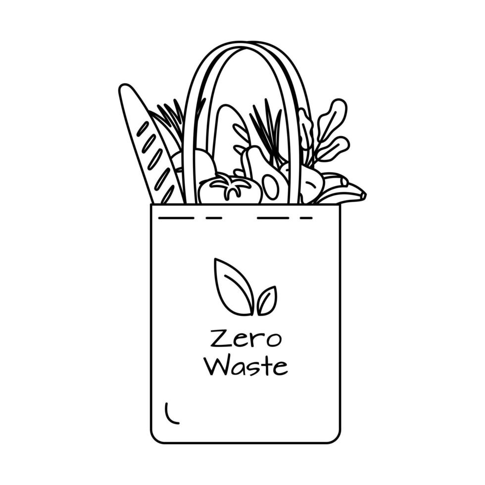 Reusable grocery eco bag with vegetables black outline. vector