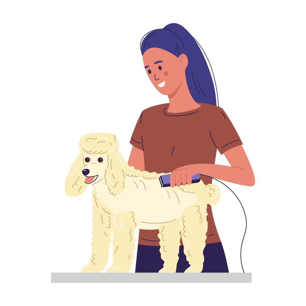 preparación para mascotas, la mujer corta al perro en la mesa vector