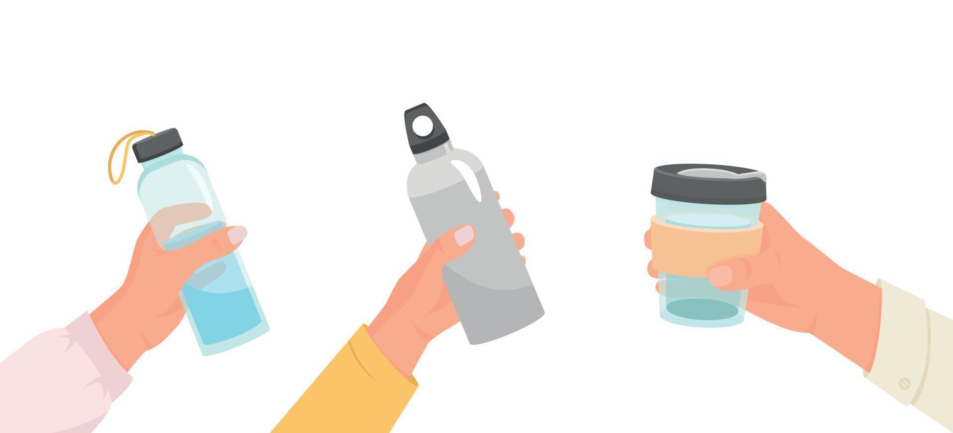 Reusable container for liquids. Various poses of hands holding a bottle vector