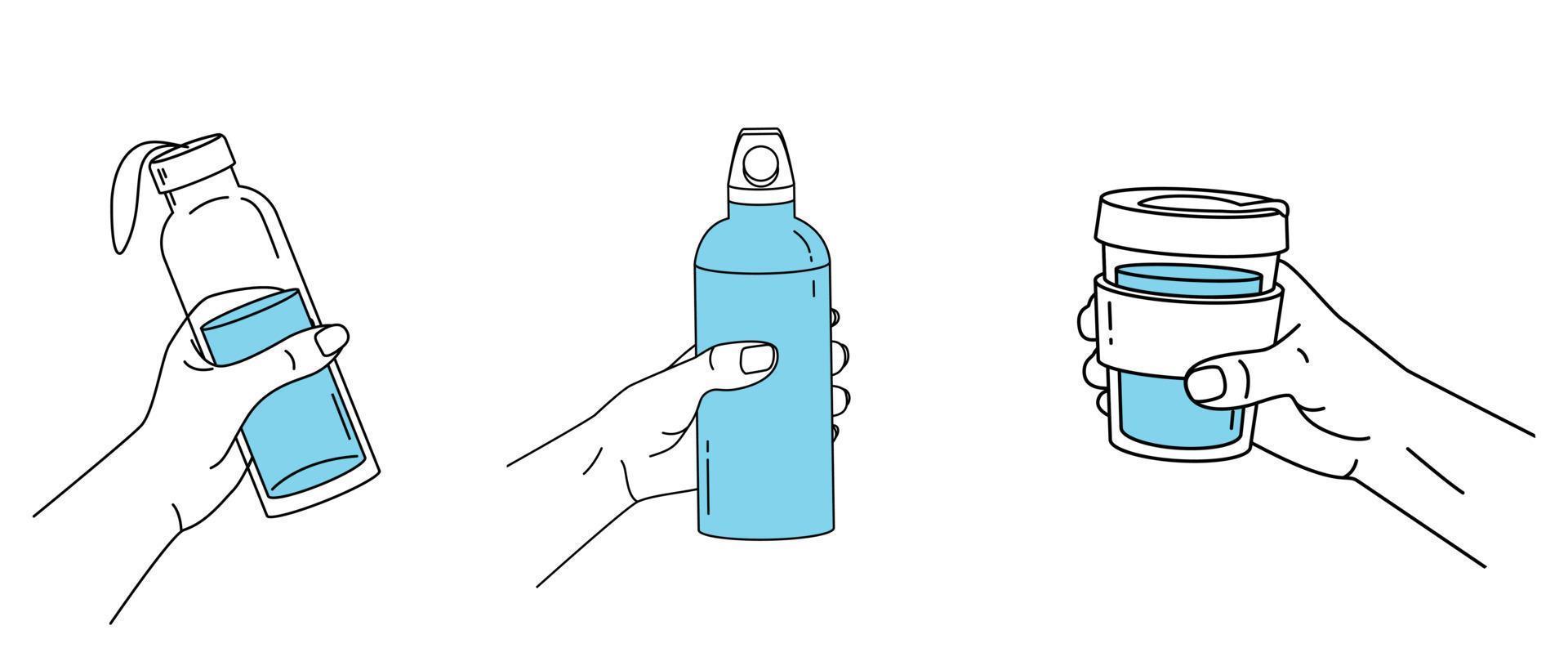 Reusable container for liquids. Various poses of hands holding a bottle vector