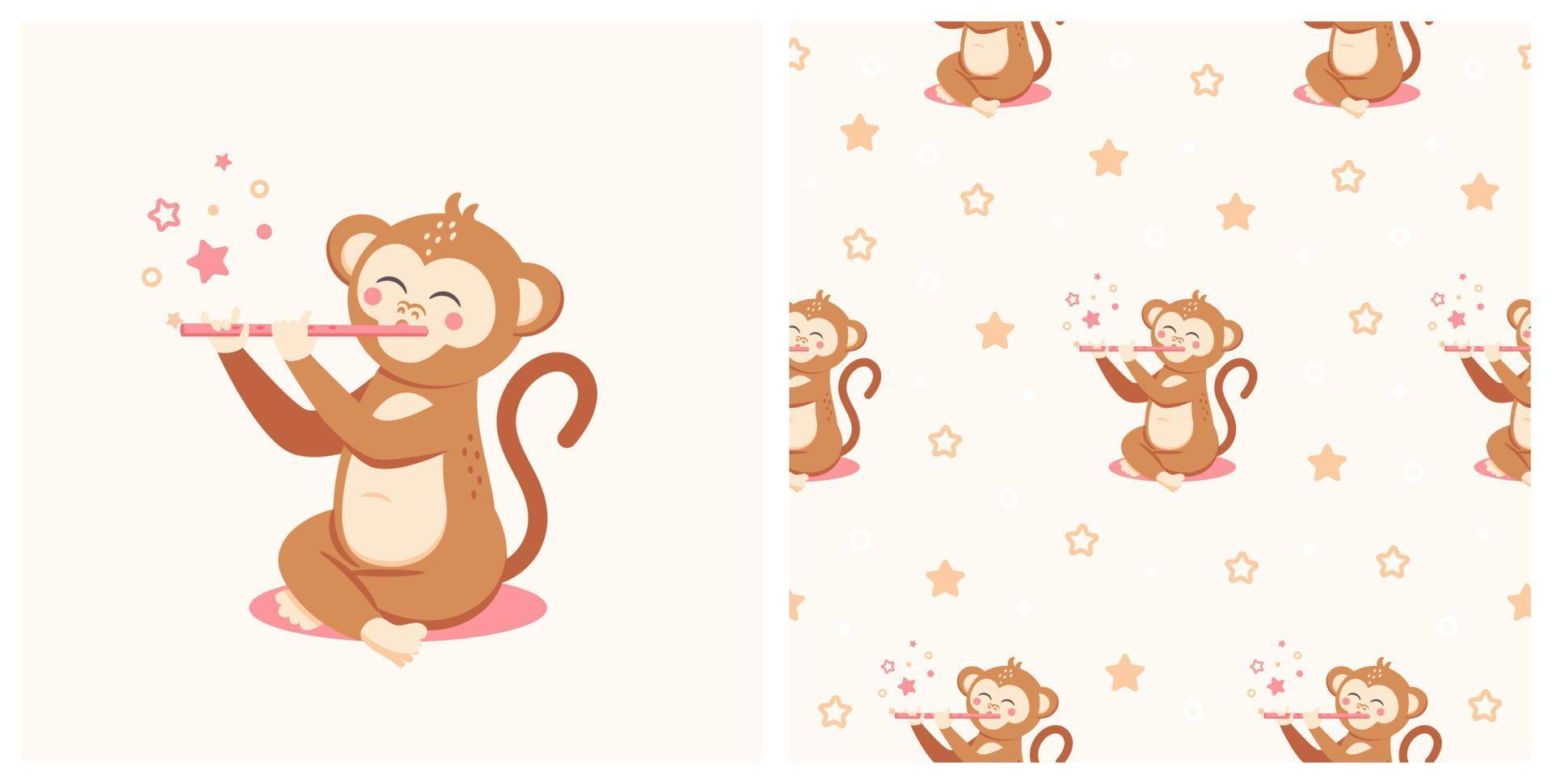 Vector Illustration of Cute monkey with seamless pattern