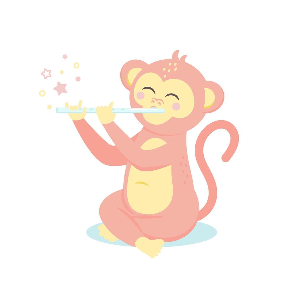 Cute monkey sitting and playing on flute. vector