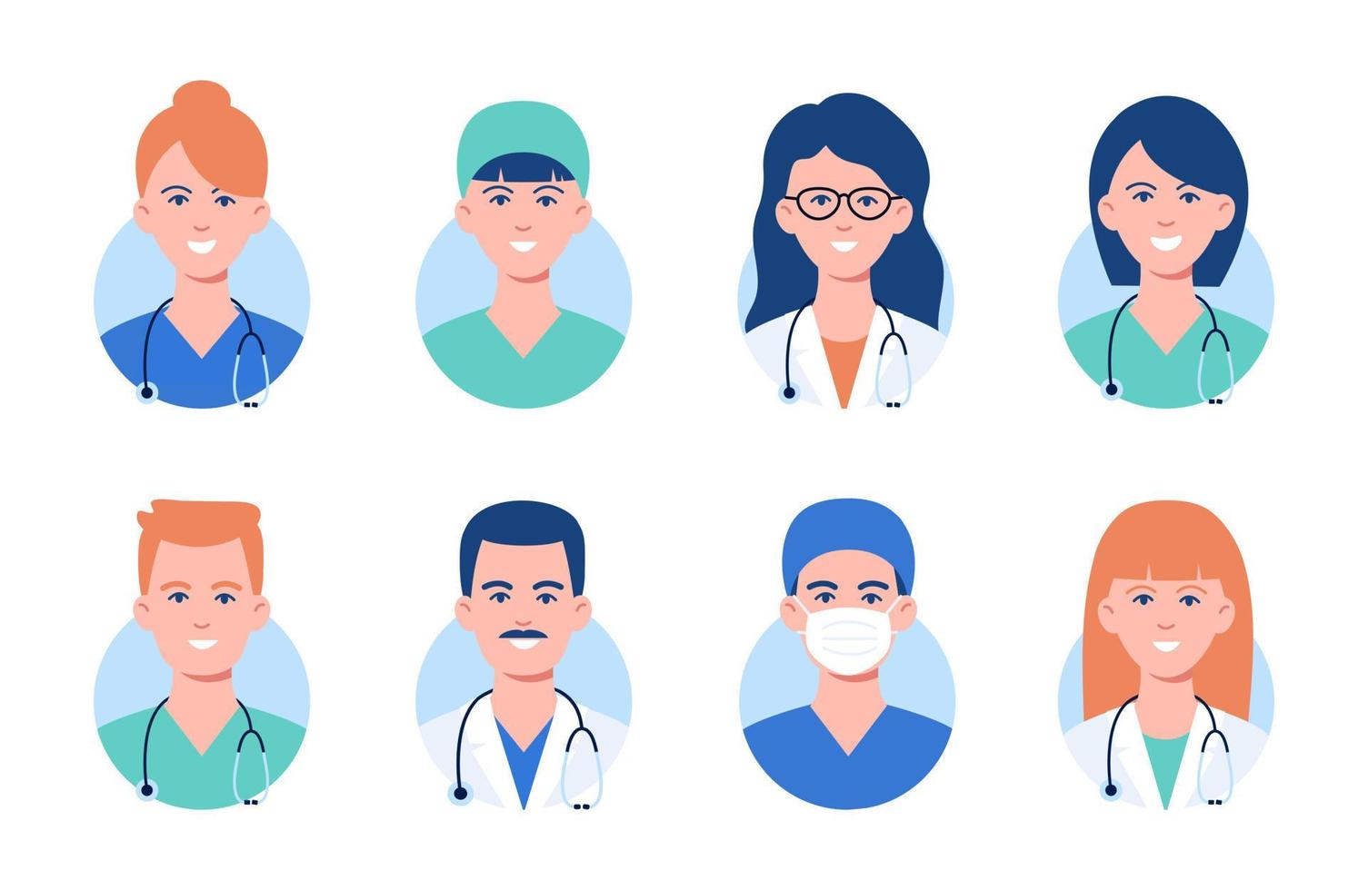 Doctors and nurses avatars in medical masks. Set of medicine employee faces. vector