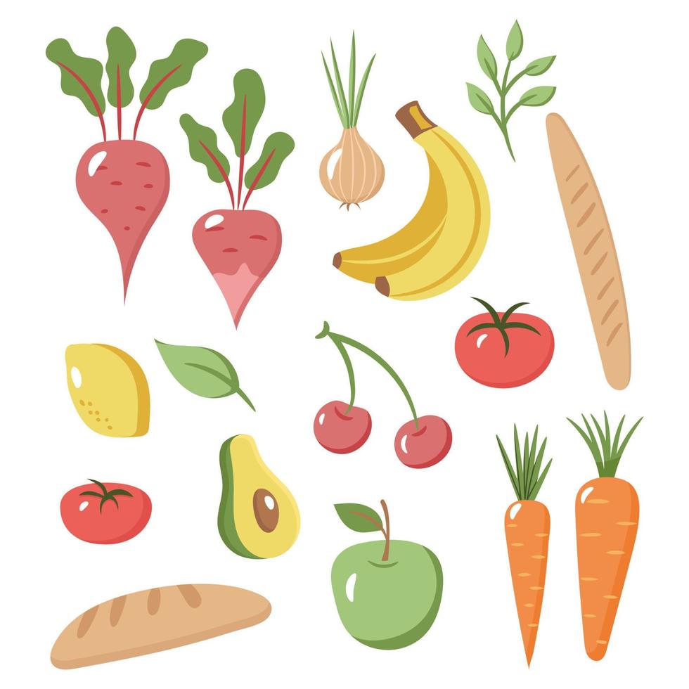 conjunto de verduras frescas y saludables, frutas y comestibles. vector