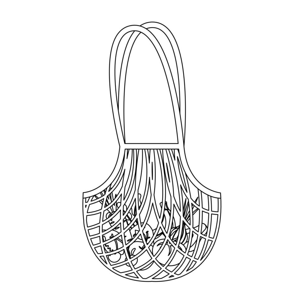 Mesh or net bag with fruits and vegetables black outline illustration. vector