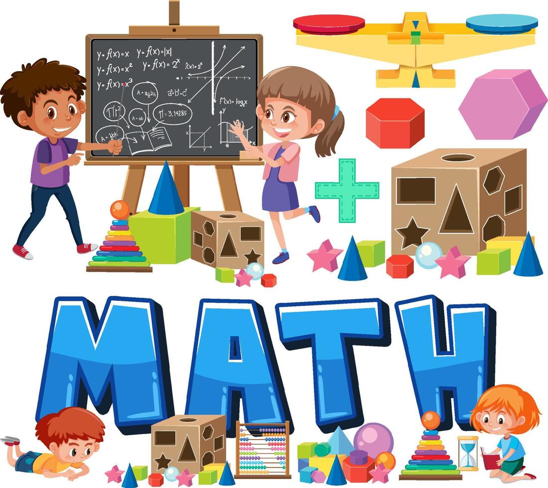 objetos de clase de matemáticas con suministros y estudiantes vector