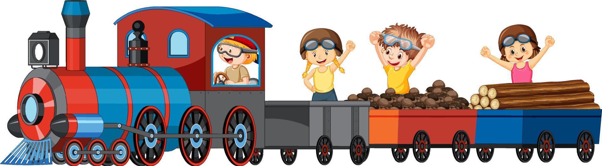 niños montando tren con madera vector