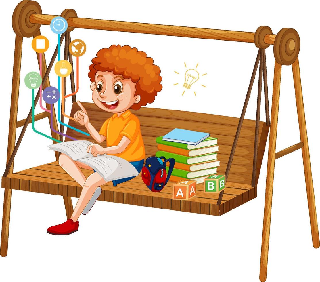 A boy reading books on white background vector