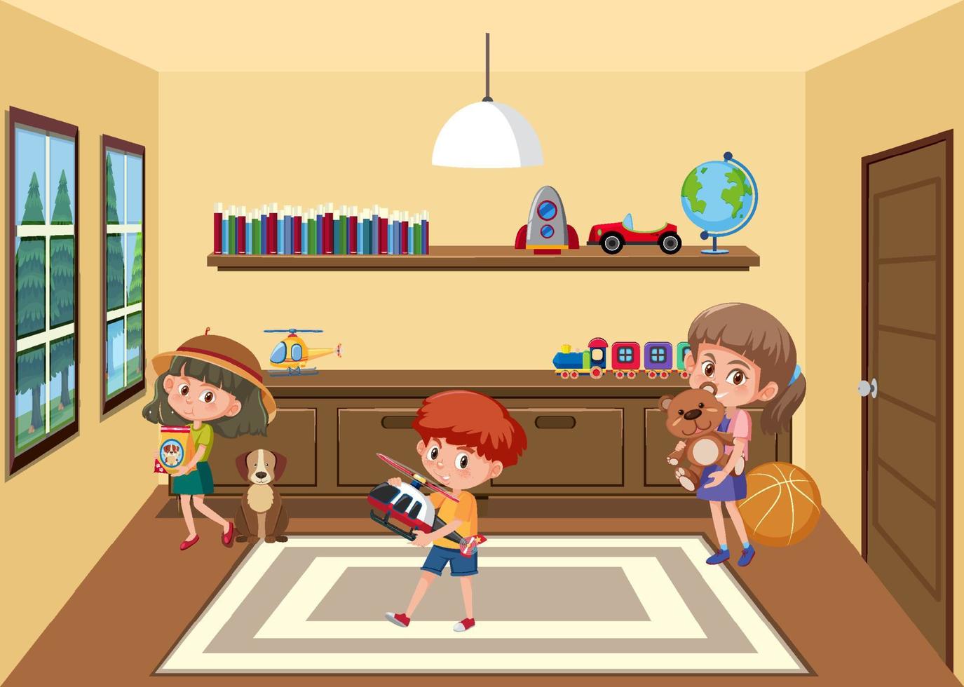 Living room scene with children cartoon character vector