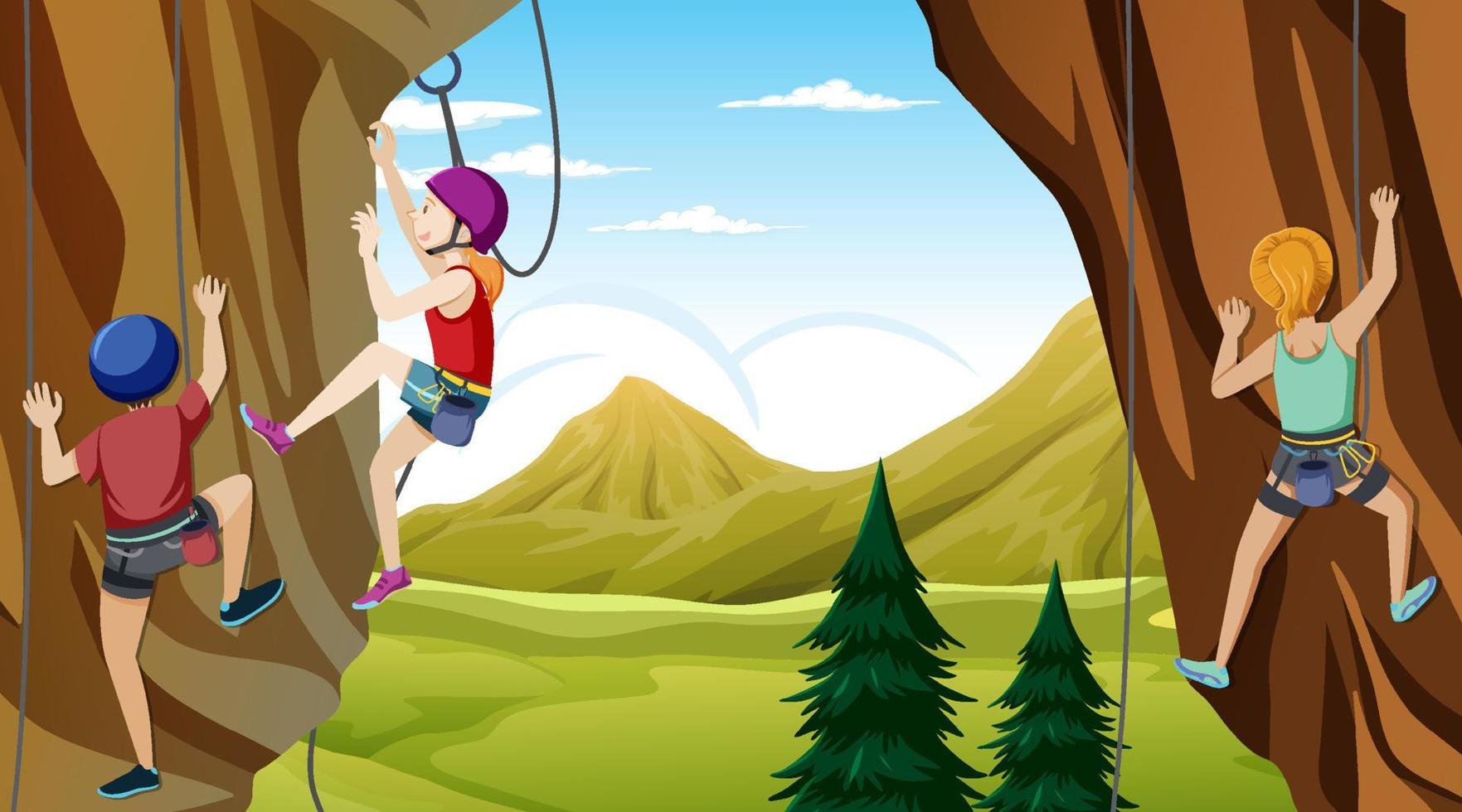 Rock climber on cliff outdoor scene vector