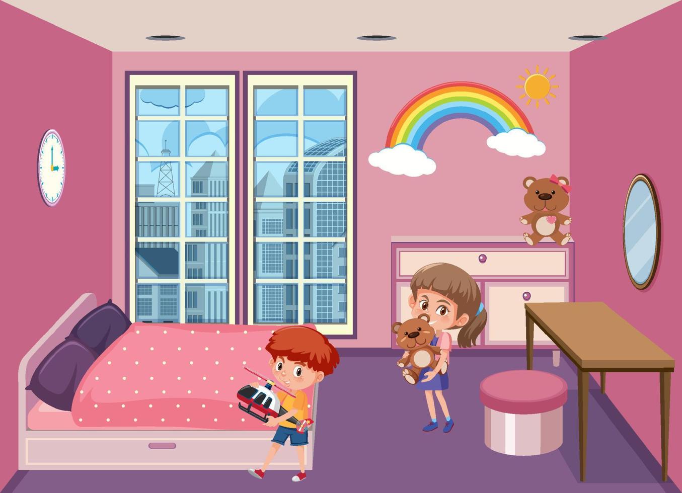 escena de dormitorio rosa con personaje de dibujos animados vector