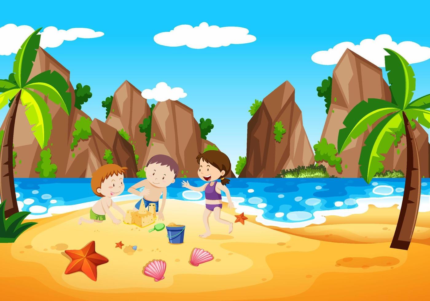 niños construyendo castillos de arena en la playa vector