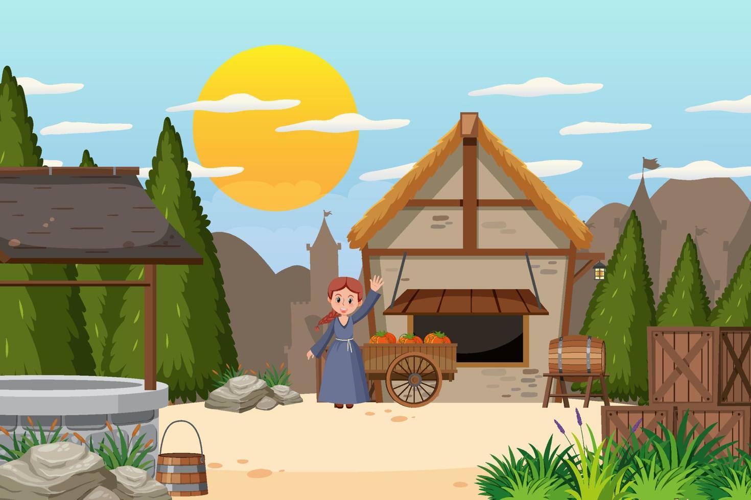 Medieval town scene with villagers vector
