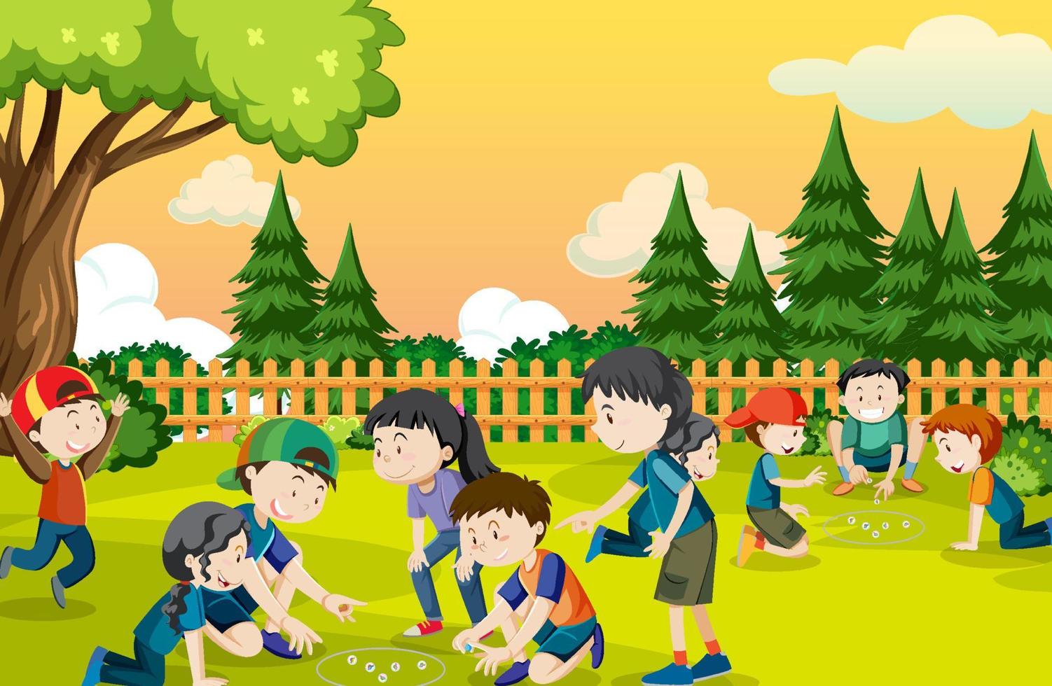 Outdoor park with children playing marbles vector