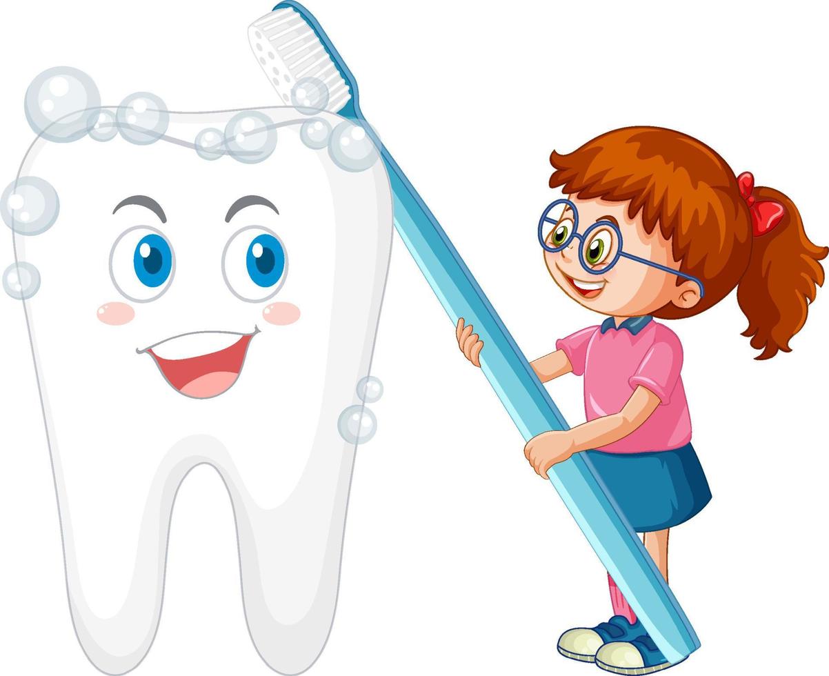 Happy kids brushing a big tooth with a toothbrush on white background vector