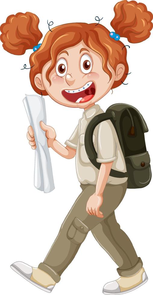 Little girl in scout uniform with backpack vector