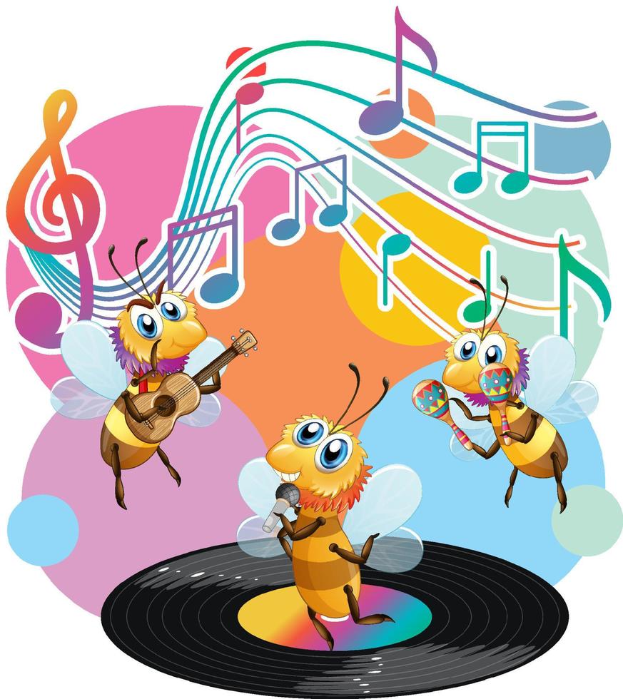 Bee group cartoon with music melody symbols vector