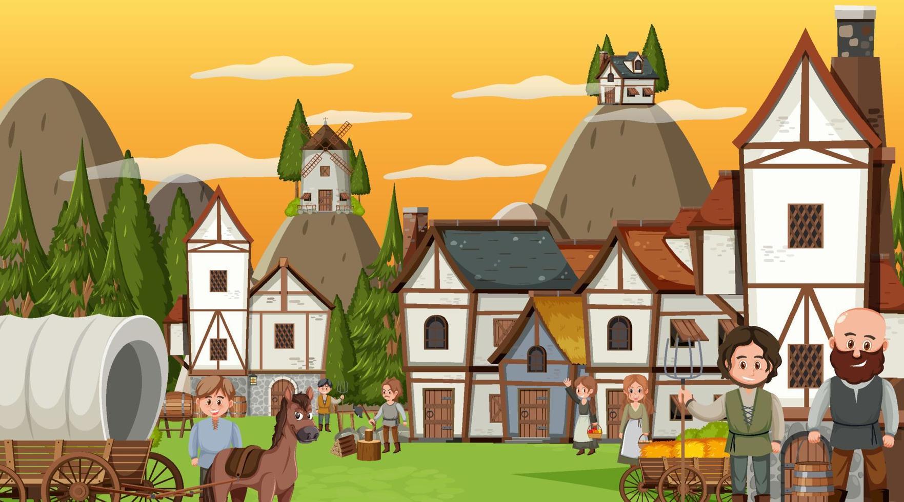 Medieval town scene with villagers vector