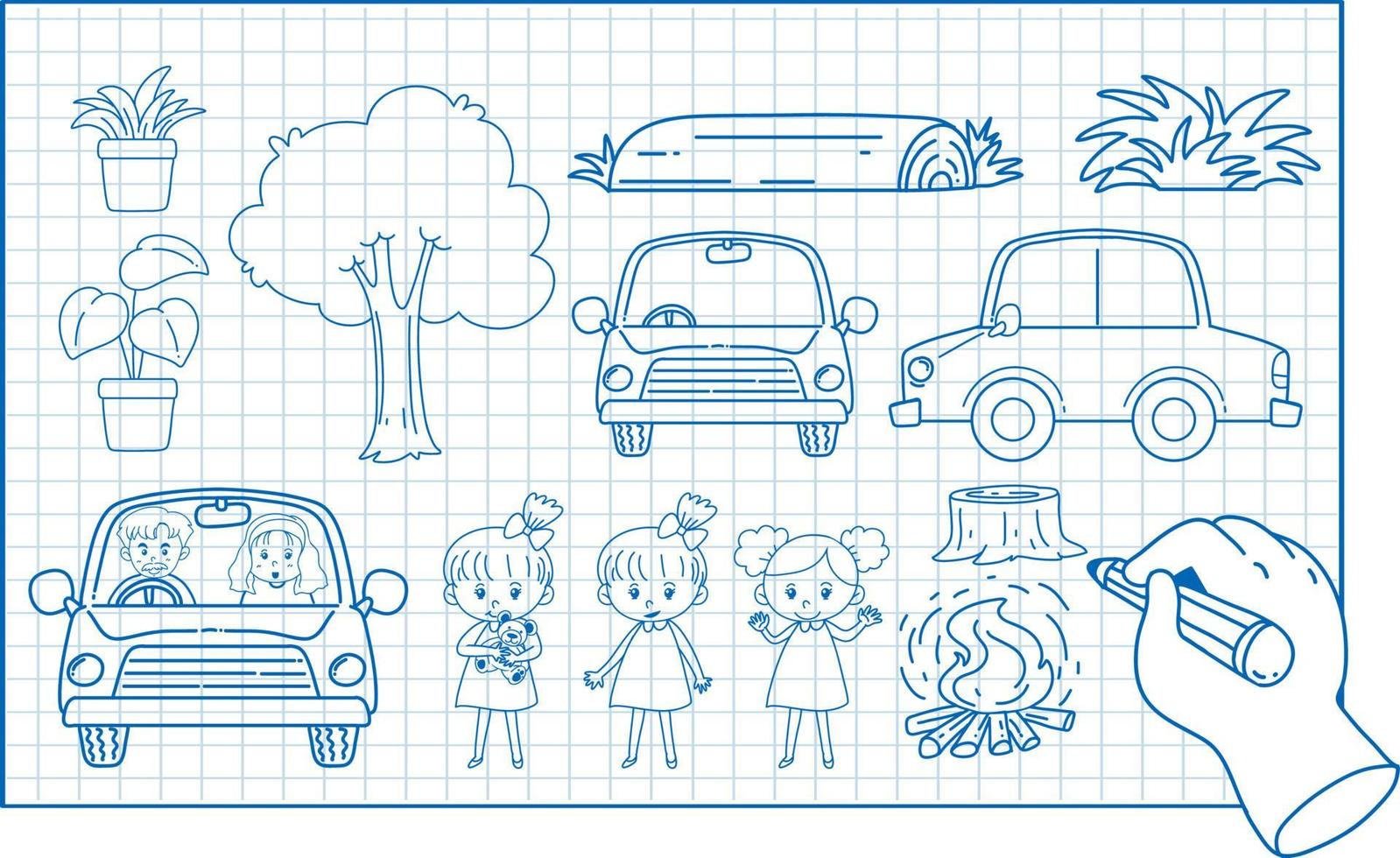 Sketching cartoon of kids and cars vector