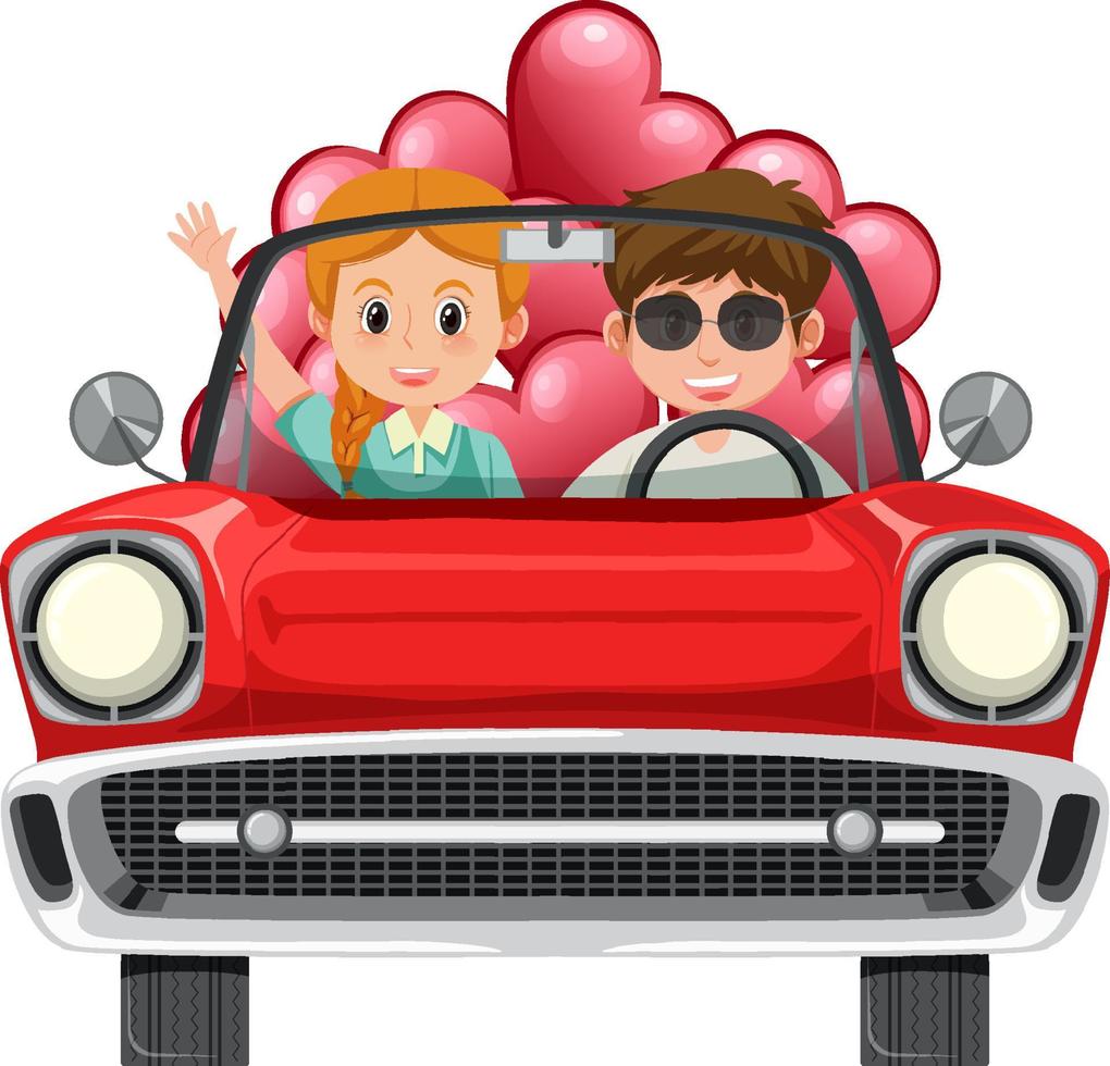 pareja en coche rojo clásico sobre fondo blanco vector