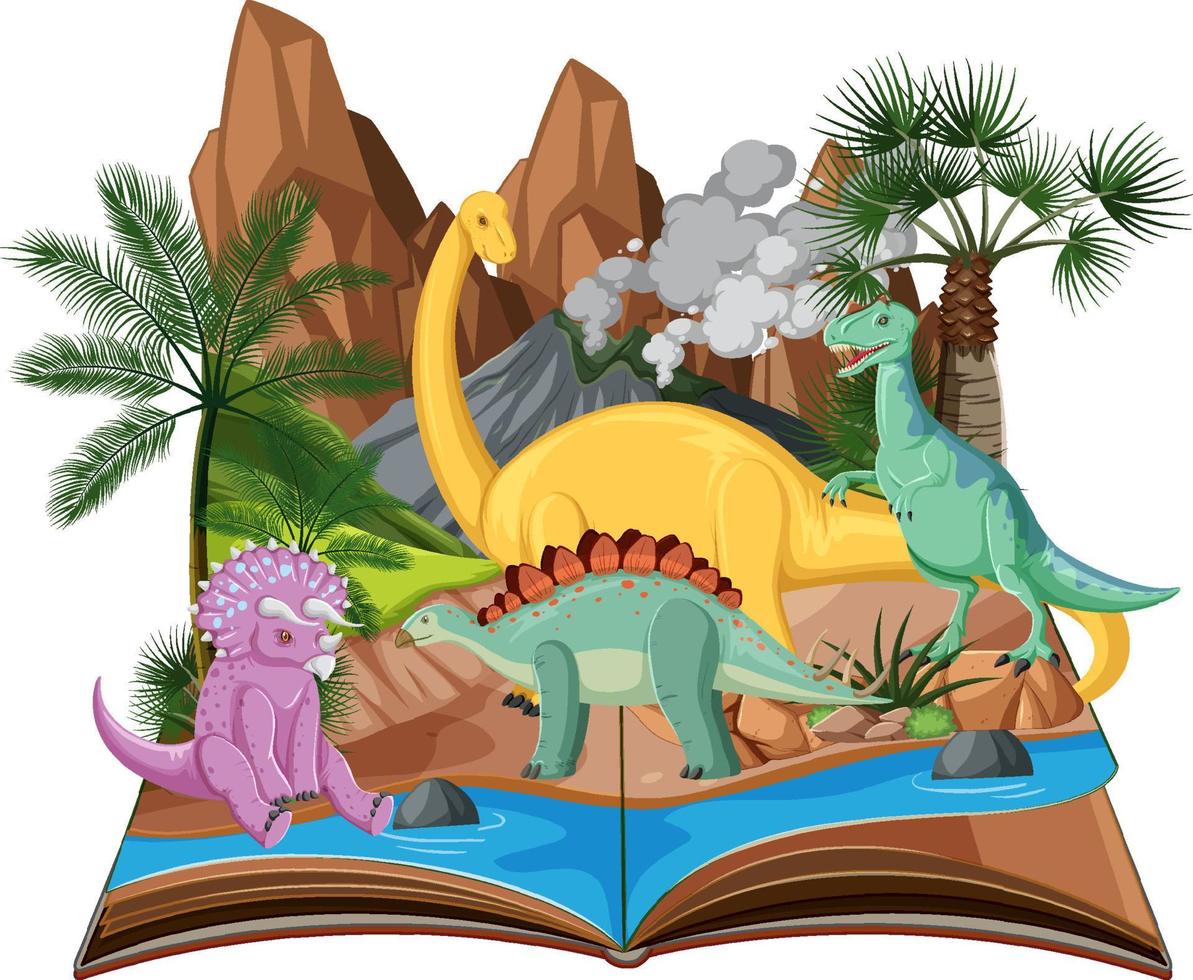 Scene with many dinosaurs by river vector