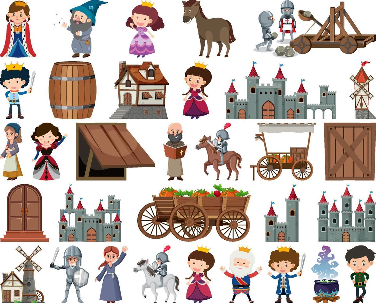 Medieval characters buildings set vector