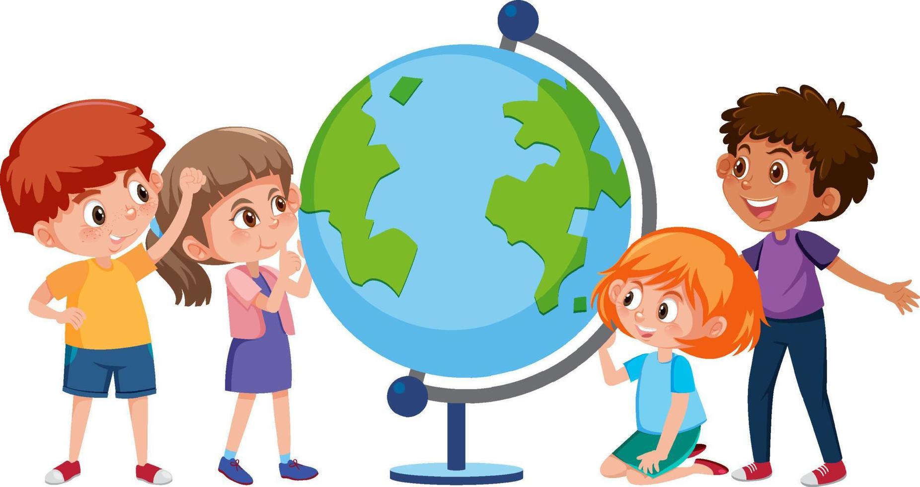 A group of children learning with globe vector