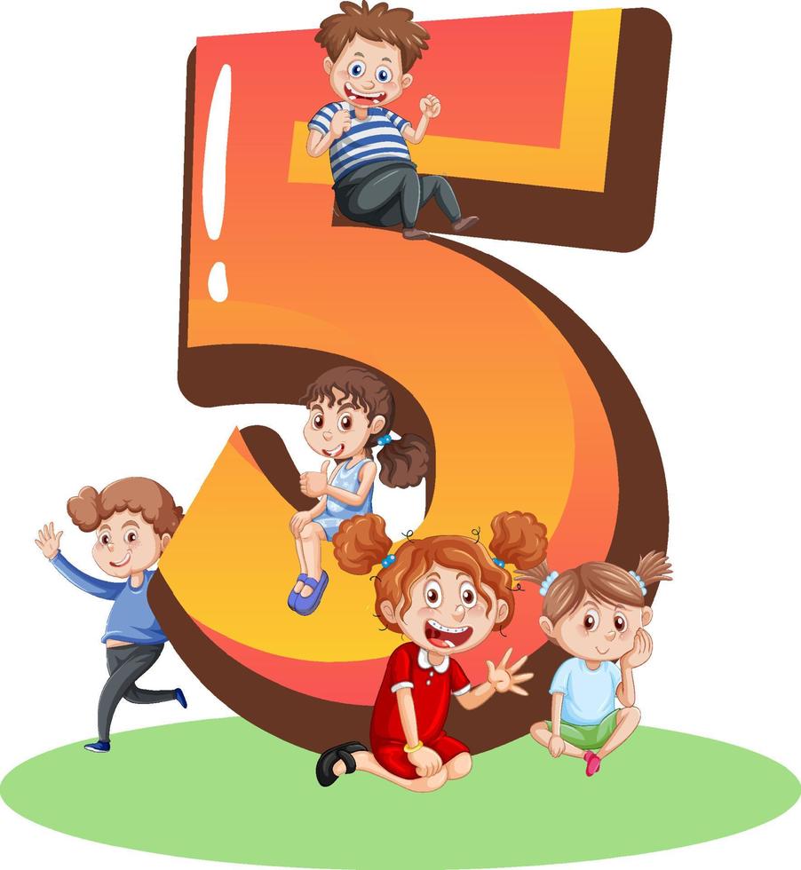 Five kids with number five cartoon vector