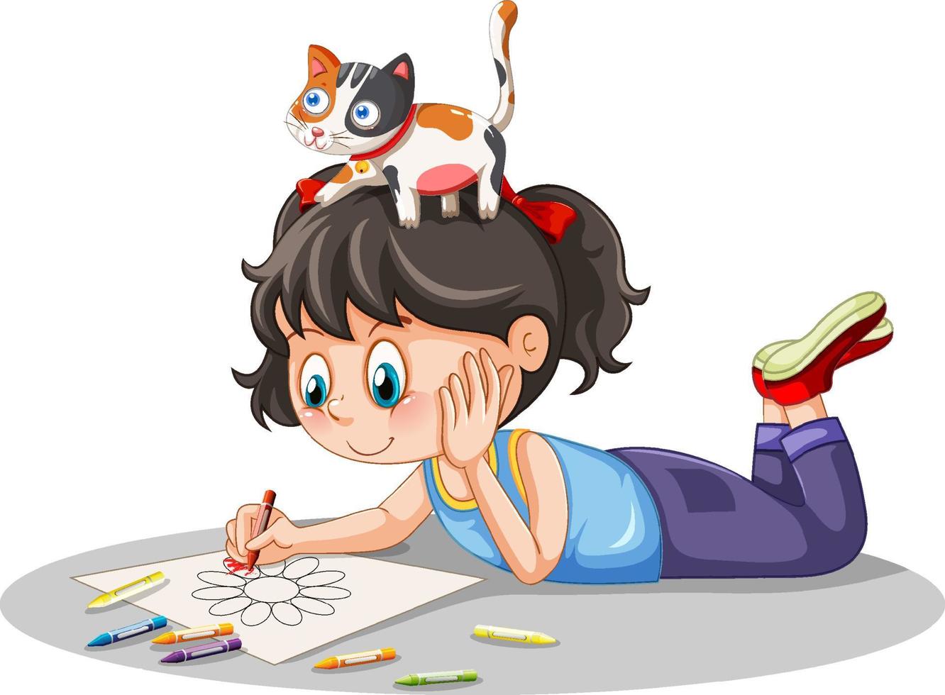 A girl drawing picture with cats nearby vector