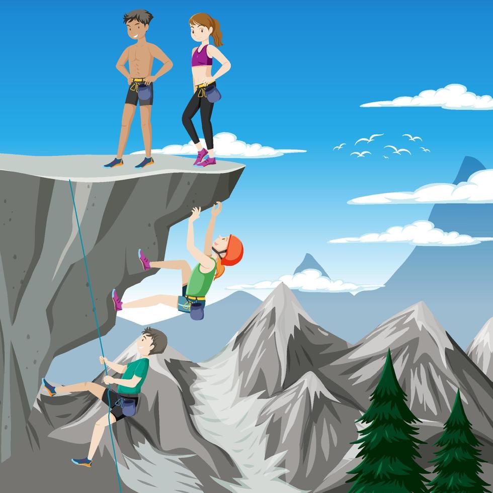 Rock climber on cliff outdoor scene vector